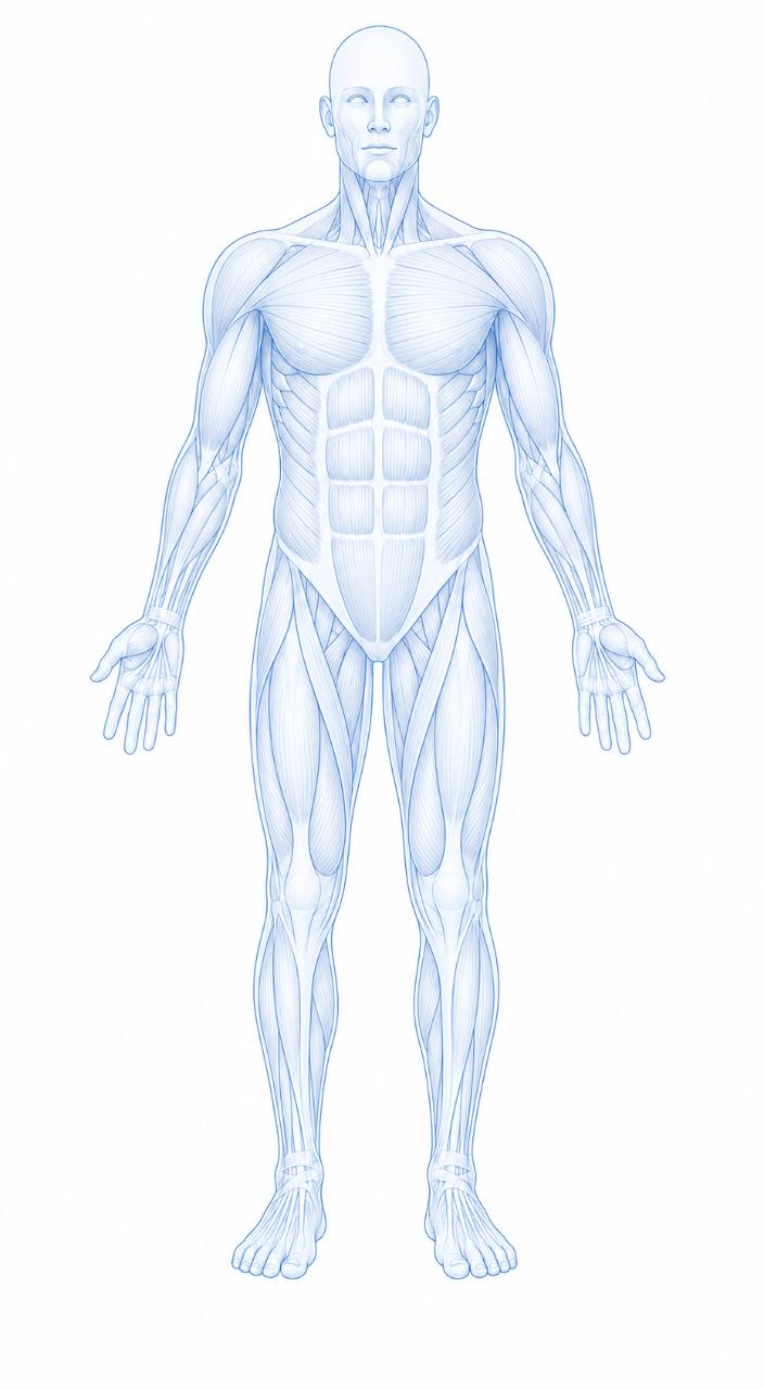 Illustrative front body map showing muscle regions